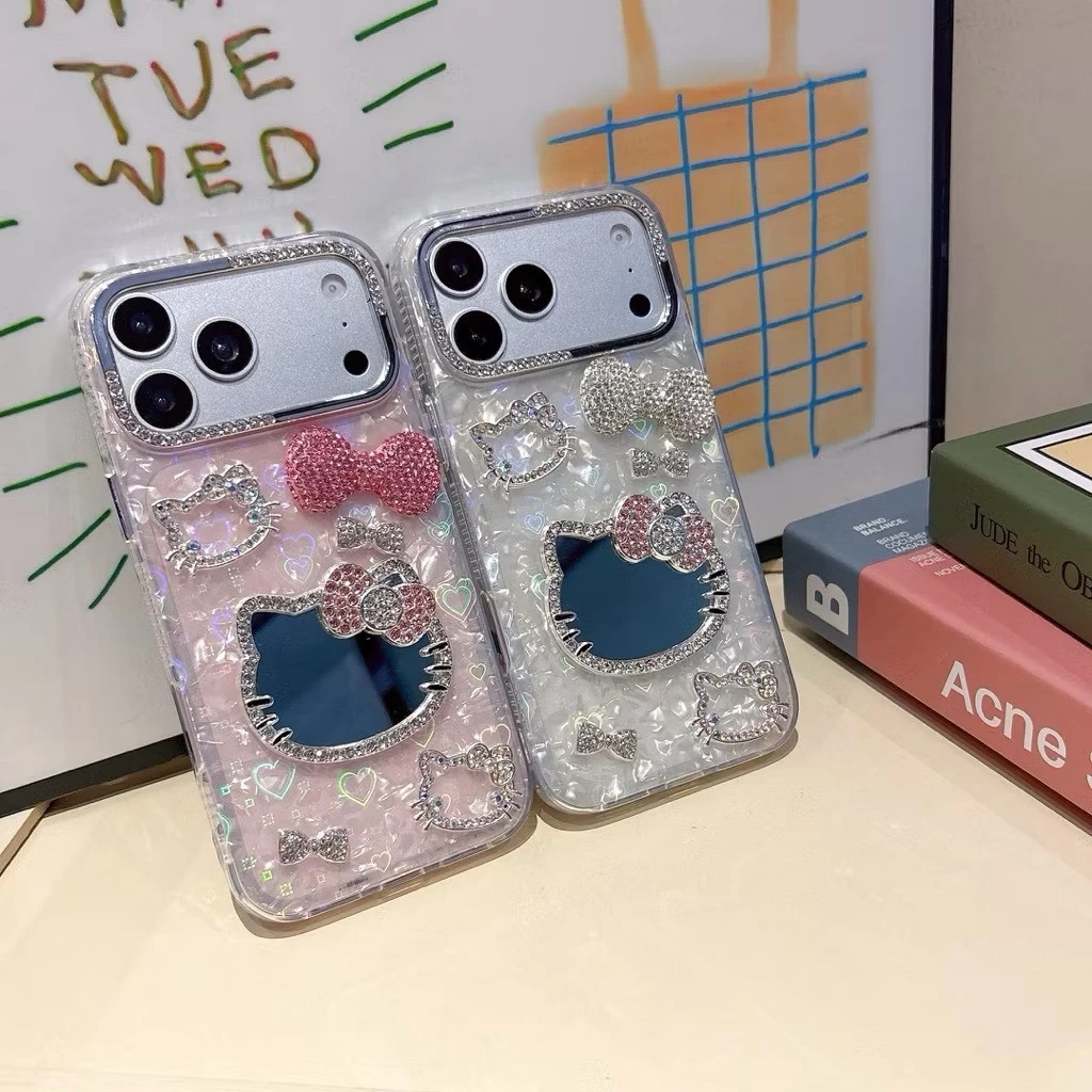 AD596 New case เคสเรซิ่นโบว์คิตตี้กระจก งานกระจกหลัง สำหรับI11-17PM กันกระแทกได้ สินค้าพร้อมจัดส่งจากไทย
