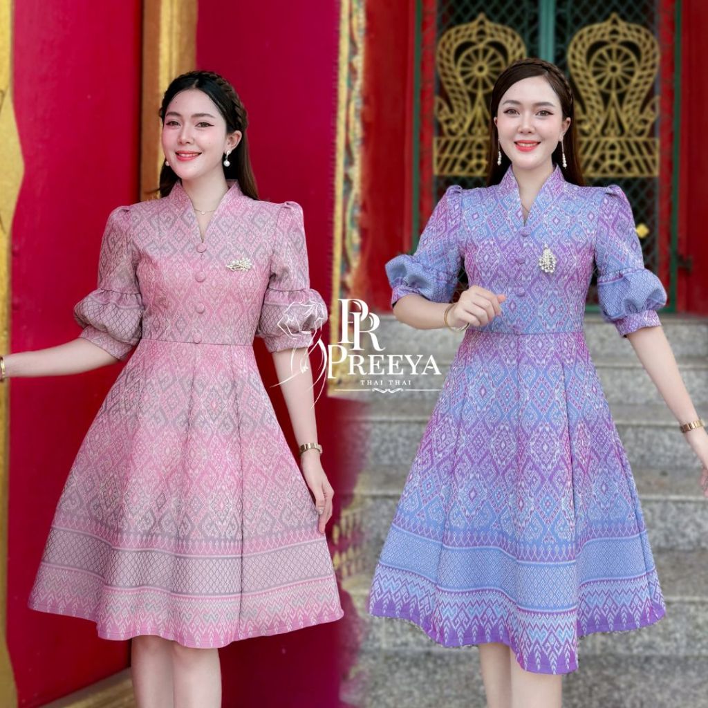 PR175 เดรสผ้าฝ้ายทอลาย อัดกาวทั้งชุด คัตติ้งเนี๊ยบ มีไซส์S-XL แบรนด์ preeya ชุดไทย
