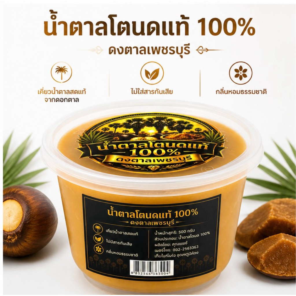 น้ำตาลโตนดแท้100%เพชรบุรี หอมธรรมชาติ ไม่ผสมน้ำตาล ตราดงตาลเพชรบุรี 500กรัม