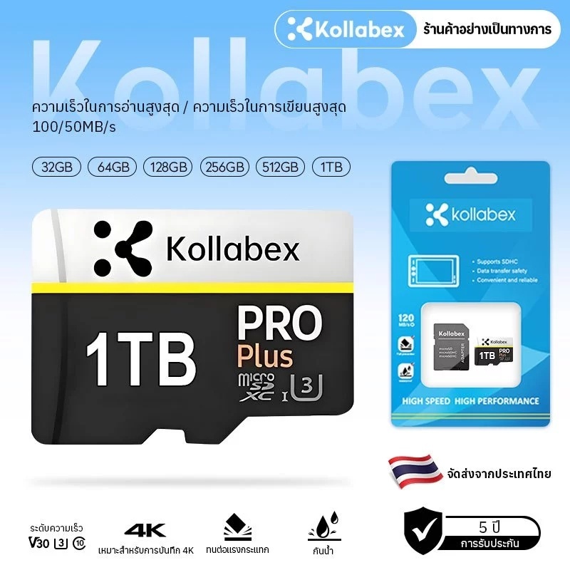 Kollabex การ์ดหน่วยความจำวิดีโอระดับมืออาชีพ MicroSDXC Class10 32GB/64GB/128GB/256GB/512GB/1TB ฟรีอะแดปเตอร์