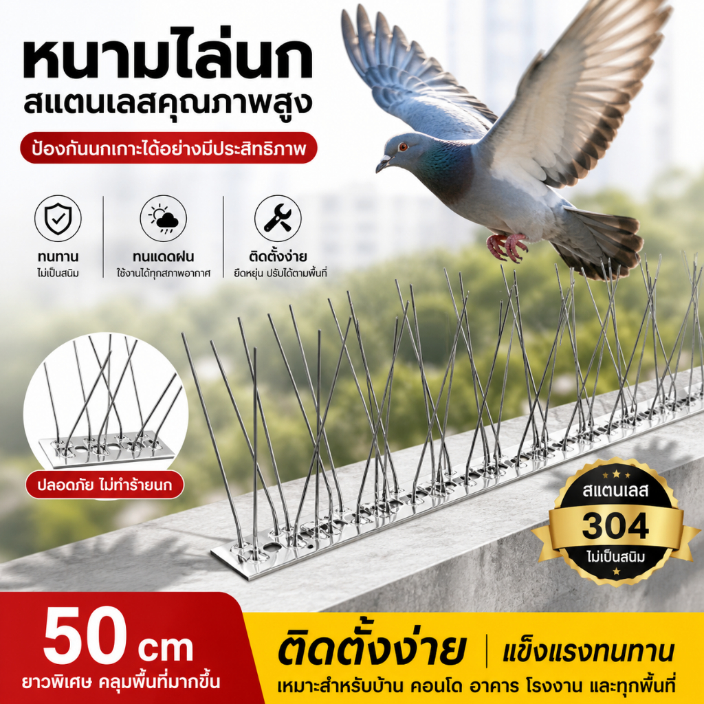 หนามกันนก หนามไล่นก กันนกพิราบ สแตนเลส กันสนิม ติดตั้งง่าย สำหรับระเบียง หลังคา รั้ว