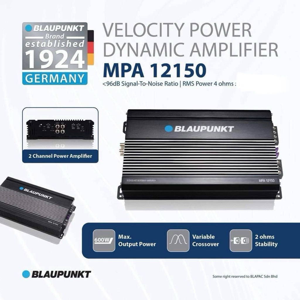 2350บาท 2Ch Class AB ยี่ห้อ Blaupunkt รุ่น MPA12150  250x2Ch ที่ 2โอห์ม เพาเวอร์แอมป์ติดรถยนต์ขับกลา