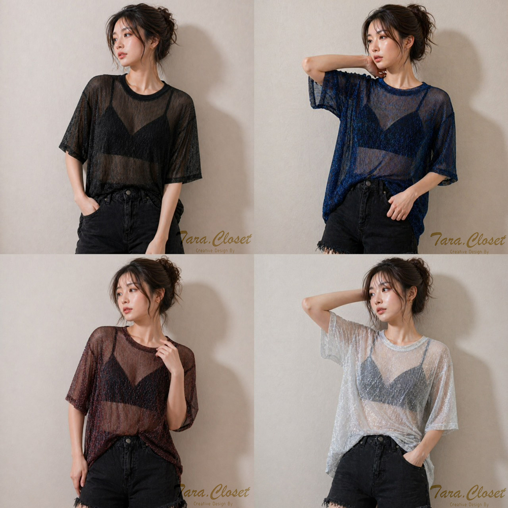 NE008 TARA TShirt เสื้อยืด คอกลม แขนสั้น ซีทรู ผ้าเลื่อมกลิตเตอร์แบบบาง เนื้อผ้าบางเบา ระบายอากาศได้ดี ไม่ร้อน