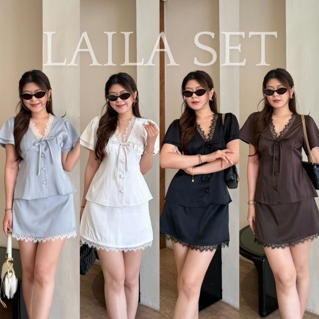 LAILA SET- ชุดเซ็ท 2 ชิ้นกระโปรงสั้น ชุดเซ็ทกระโปรงแต่งขอบลูกไม้ เสื้อคอวีแขนสั้นลูกไม้ผ้าเรียบ BETTY (B065)