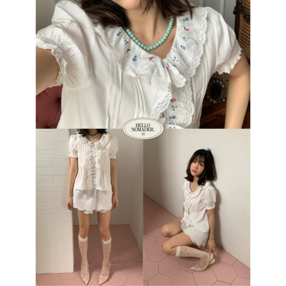 NOMADE.& พร้อมส่ง Happy Monday Blouse {เสื้อแขนจั๊มคอระบายปักดอกไม้}