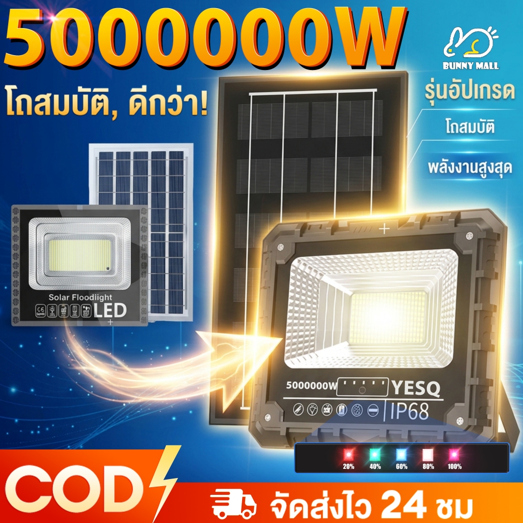 ซื้อ1แถม4 ผลิตภัณฑ์ใหม่ ไฟโซล่าเซลล์ 5000000W ไฟสปอตไลท์ Solar Light LED ไฟสปอร์ตไลท์ กันน้ำและกันฟ้าผ่า โคมไฟโซล่าเซลล