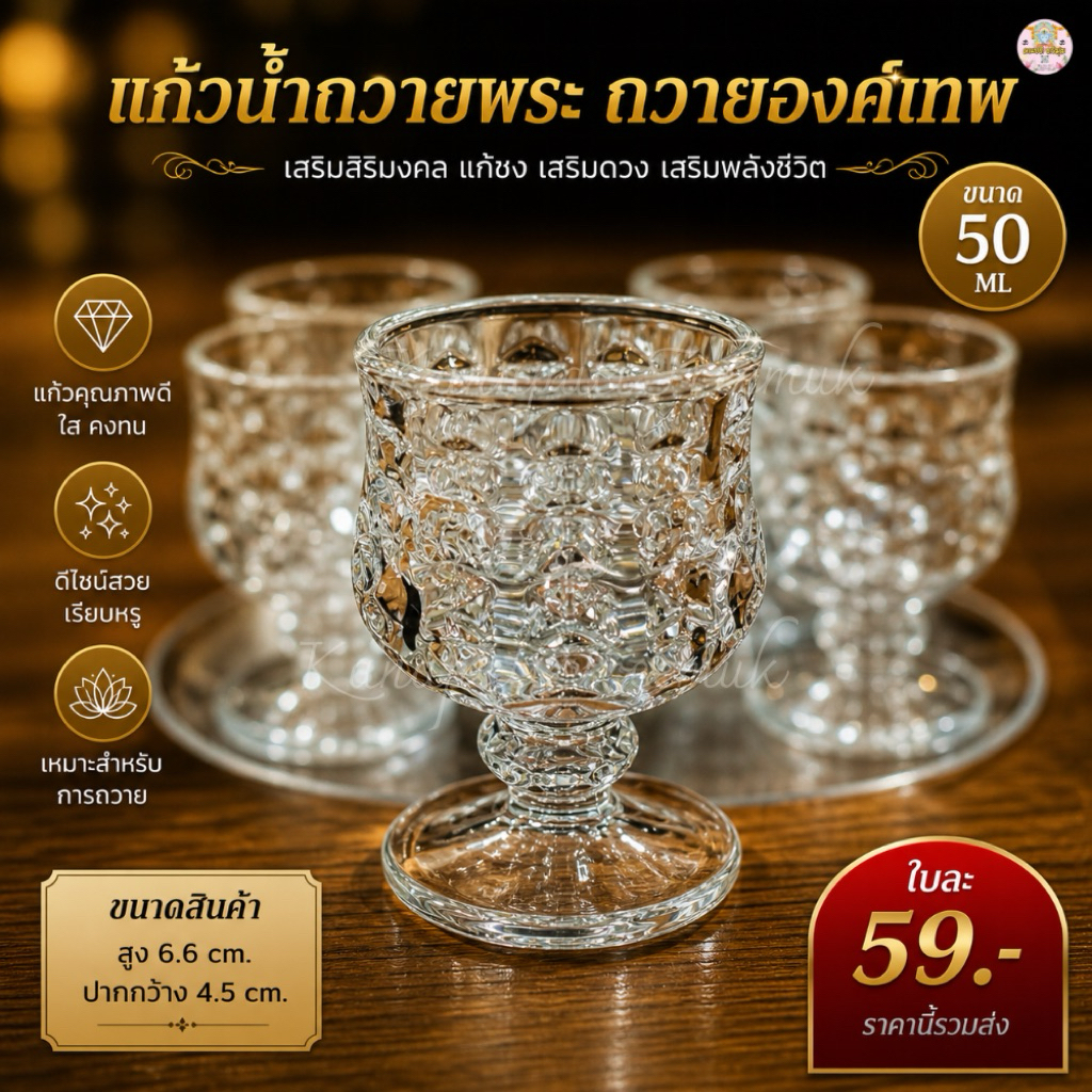 แก้วน้ำถวายพระ  ถวายองค์เทพ ลายคริสตัล หรูหรา สวยงาม ถวายองค์เทพ ขนาด 50  ML🕉️
