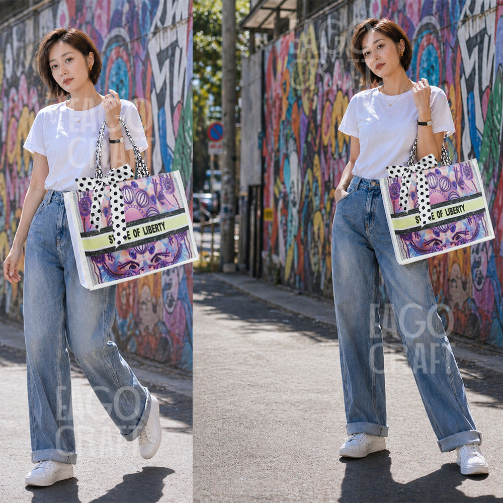 กระเป๋า Tote Bag กระเป๋าผ้ามินิมอลแถมฟรีผ้าผูกโบว์ สไตล์สตรีทสำหรับผู้หญิง ขนาด 36x28 cm.