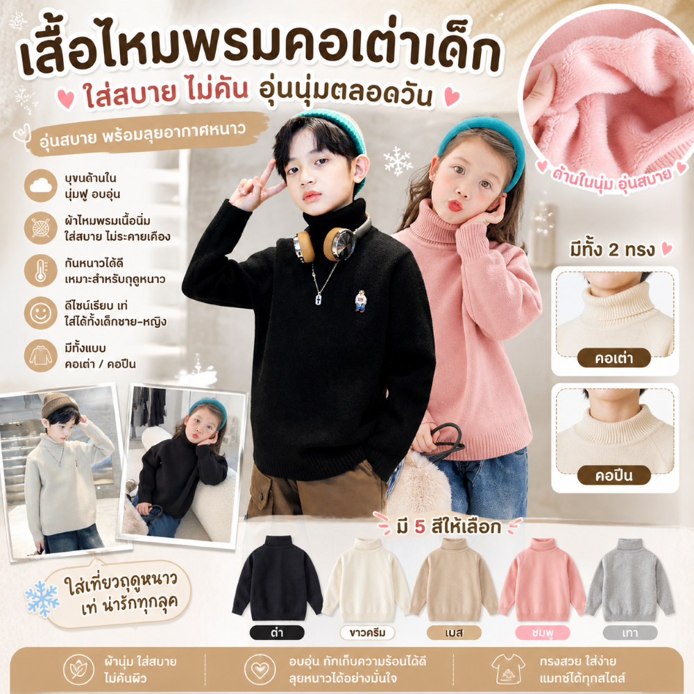 เสื้อไหมพรมคอเต่าบุขนเด็ก ช/ญ กันหนาว ผ้านิ่ม อุ่น นุ่ม ใส่สบาย ไม่คัน -Korea desige-
