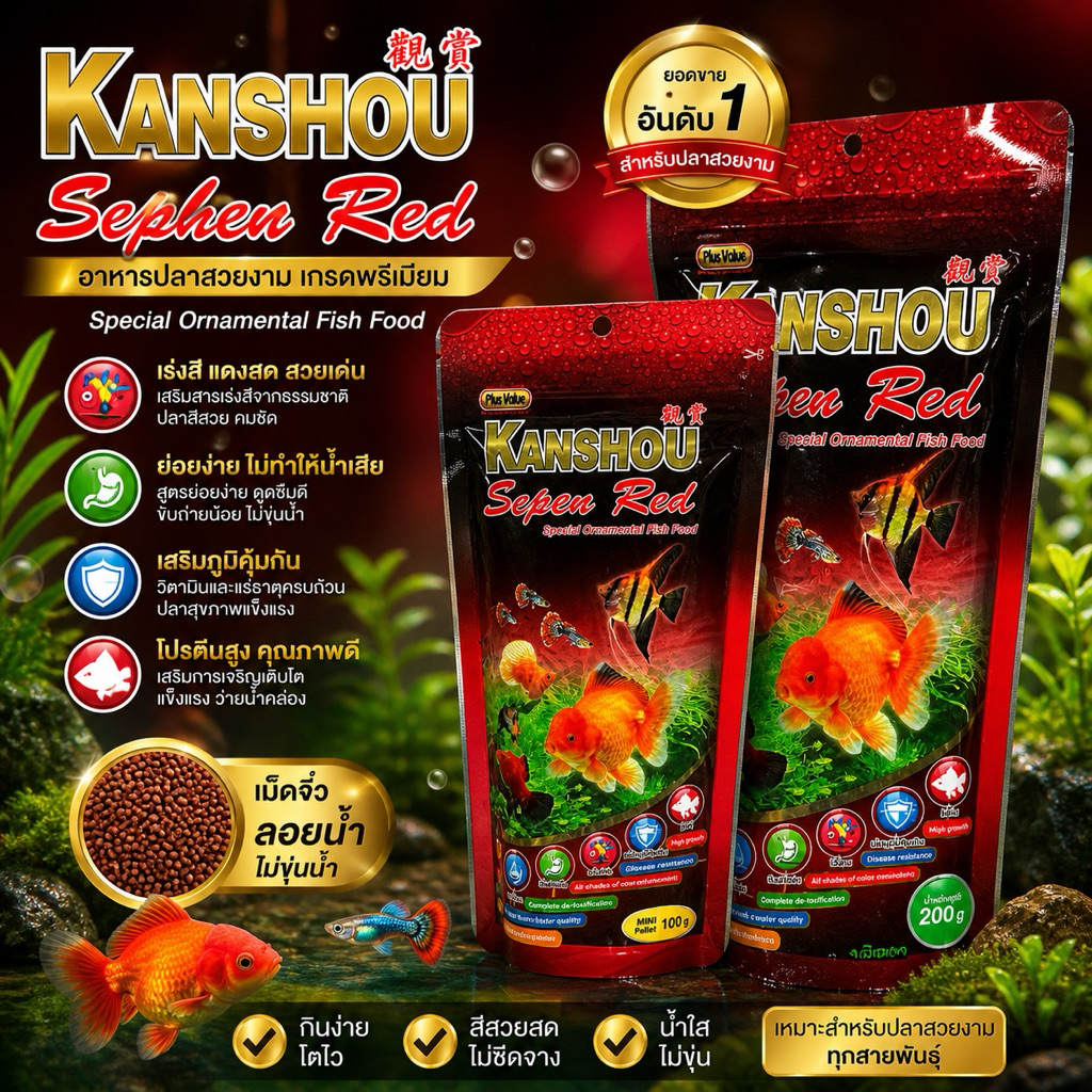 อาหารปลาเร่งสี Kanshou SuperRed ช่วยเร่งสีพิเศษให้สีสันสวบสดงดงาม สีสันโดนเด่นขึ้น ดูแลเรื่องน้ำได้ดี ราคาไม่แพงคุณภาพดี