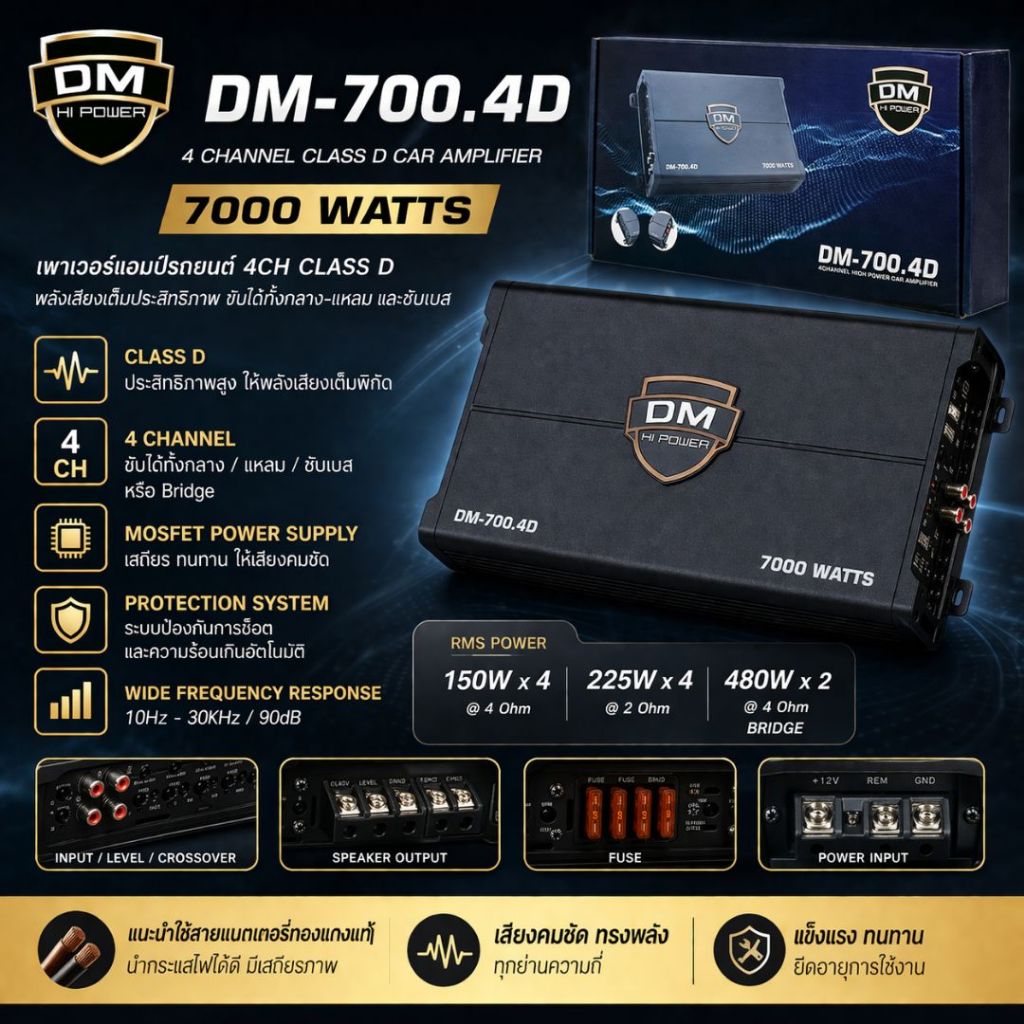 แอมป์ 4CH DM-700.4D คลาสดี 7000W แรงจัดเต็มพิกัด! ขับกลาง-แหลมได้สะใจ หรือจะบริดจ์ขับซับก็แน่น
