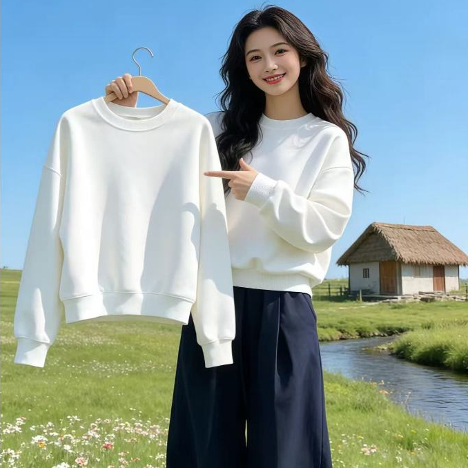 Unifit เสื้อสเวตเตอร์คอกลมสีพื้นสไตล์เกาหลีสำหรับทั้งชายและหญิง