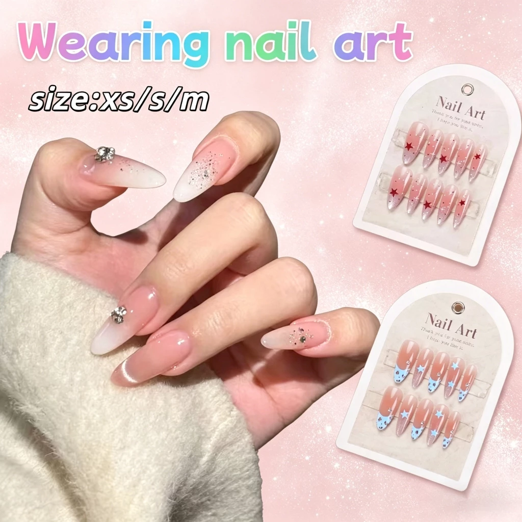 เล็บปลอมสีชมพูอ่อน ลายดาวคริสตัล สไตล์หวานๆ ขนาด XS/S/M พร้อมส่ง สไตล์หลากหลาย
