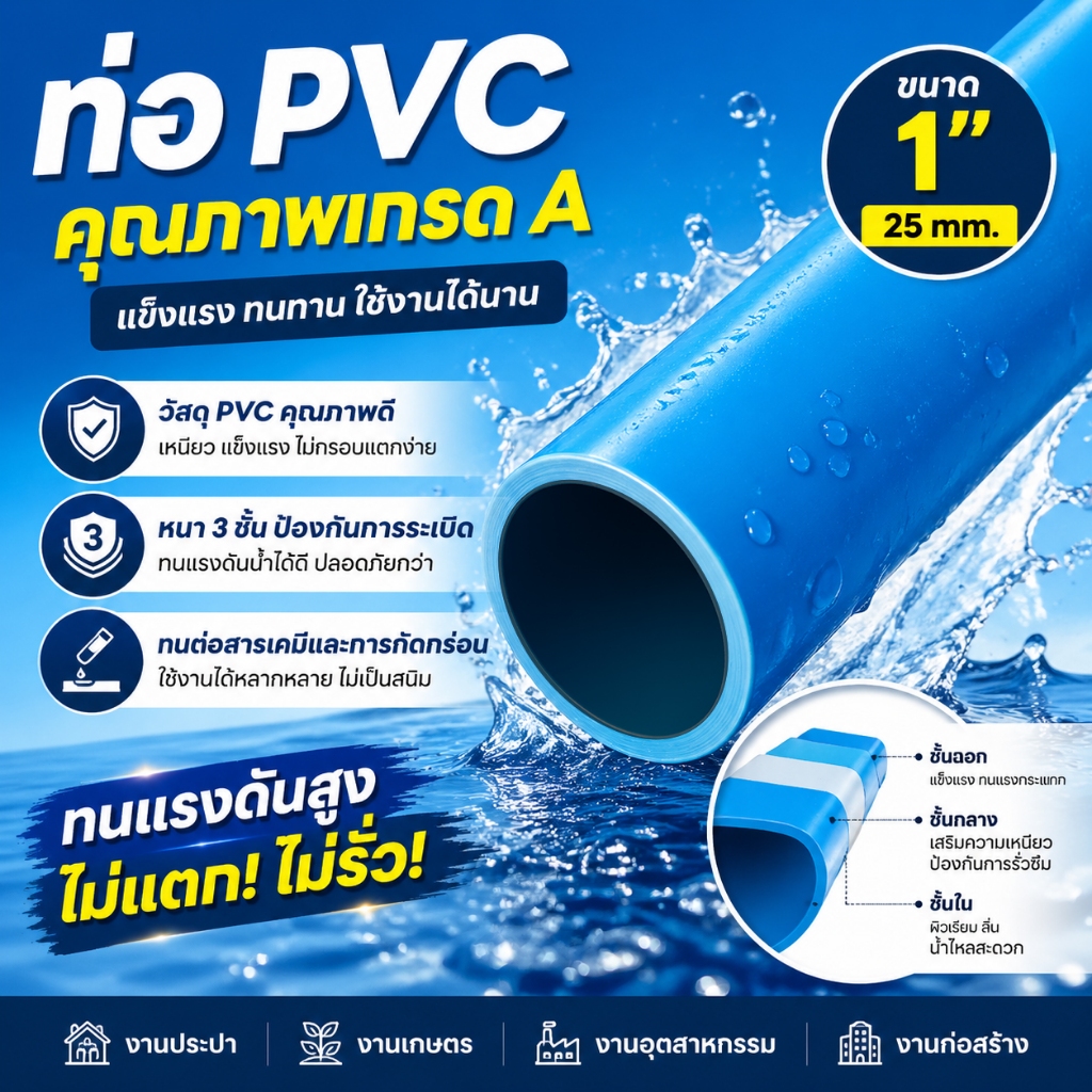 สายยางรดน้ำต้นไม้ 1นิ้ว สีฟ้า หนาพิเศษ ทนทาน ยาว10-50เมตร