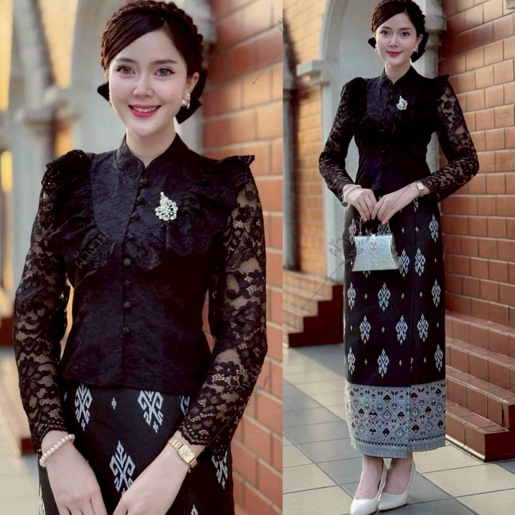 KK - (ขายแยก) ชุดไทยเสื้อลูกไม้แขนยาวสีดำ เสื้อลูกไม้อิตาลี มีอก32-44 ผ้าถุงผ้าไหมแกมฝ้ายทอลาย S-2XL