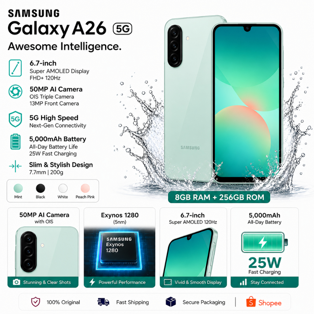 SAMSUNG GALAXY A26 5G RAM 8GB ROM 256GB จอใหญ่ กล้อง 50MP แบตอึด ชาร์จไว มือถือ Samsung A26