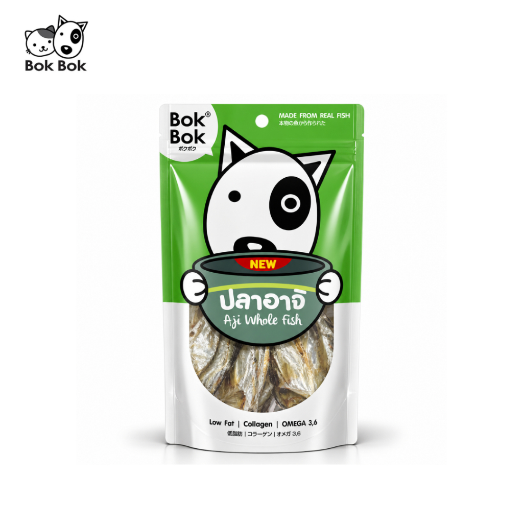 Bok Bok ขนมสุนัขปลาอาจิแท้ 100% 40g สำหรับสุนัขแพ้ไก่ ไม่ปรุงแต่ง AjI Fish Dog Treat Petus Kingkaew