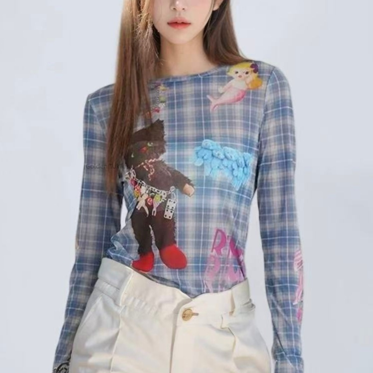 เสื้อยืดแขนยาวลายตารางสีฟ้า สวมใส่สบาย สำหรับผู้หญิง เสื้อคลุมทรงเข้ารูปพิมพ์ลายการ์ตูนสไตล์เรโทรสำหรับฤดูร้อน