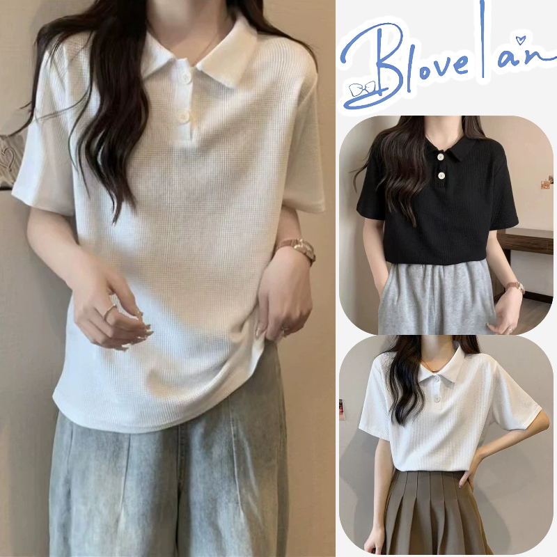 เสื้อโปโล เสื้อยืดโปโลผู้หญิง ผ้าวาฟเฟิลพื้นฐาน แขนสั้น ทรง ดูเรียบร้อย ใส่เข้างานไปเที่ยว สไตล์เกาหลี