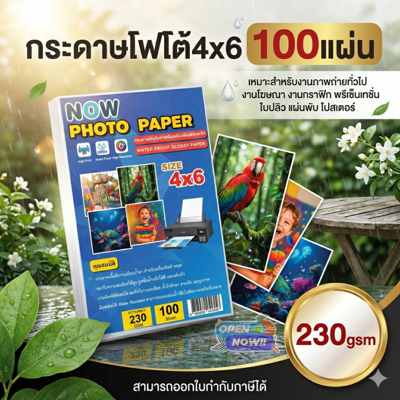 กระดาษโฟโต้ NOW ขนาด 4x6 นิ้ว หนา 230g และ 260g บรรจุ 100 แผ่น กันน้ำ  ผิวมันวาว เนื้อกระดาษสีขาว