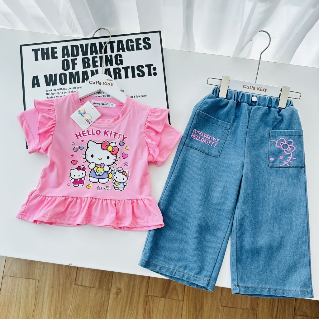 CT257🎀🌟ชุดเซทยีนส์คิตตี้ งานปักเสื้อดีไซส์แต่งระบายน่ารักๆ พร้อมกางเกงยีนส์ดีเทลกระเป๋าคู่หน้าปักลายที่กางเกง