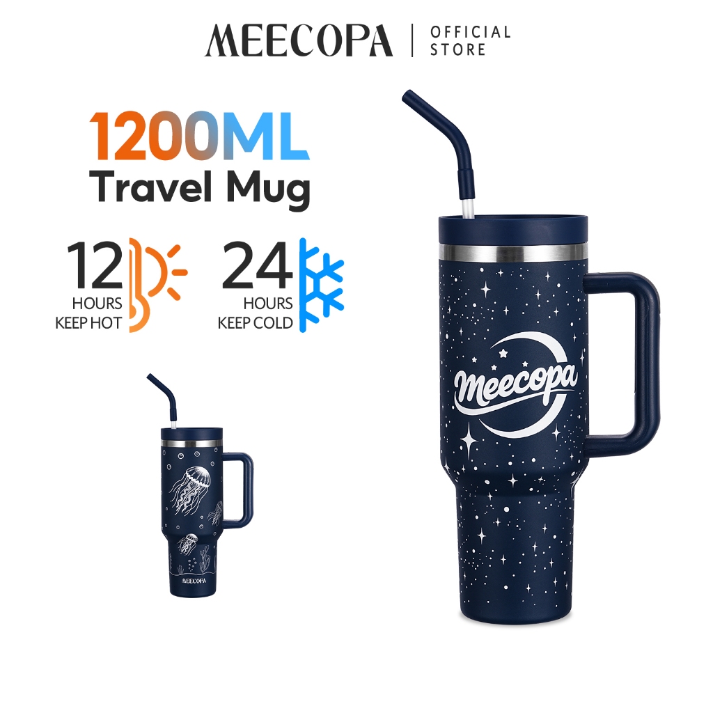 MEECOPA แก้วเก็บความเย็น 1200ML สแตนเลส304 พร้อมหลอดซิลิโคน มีหูจับ ฉนวนสุญญากาศ การออกแบบที่ส่องสว่าง