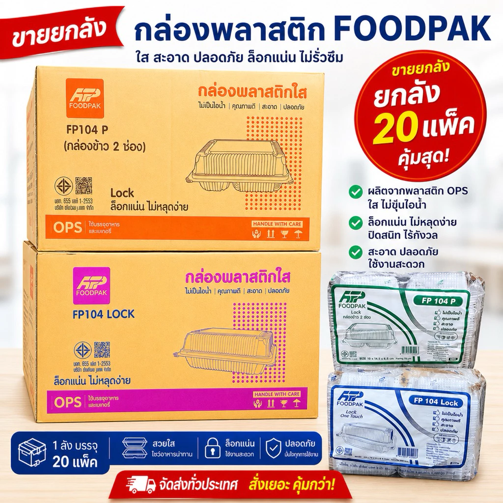 👍🏻ยกลัง (20 แพ๊ค)กล่อง FP 104 LOCK แบบ 1ช่อง และ 2 ช่อง ฝาล๊อก ใส่อาหาร ใส่เบอเกอรี่