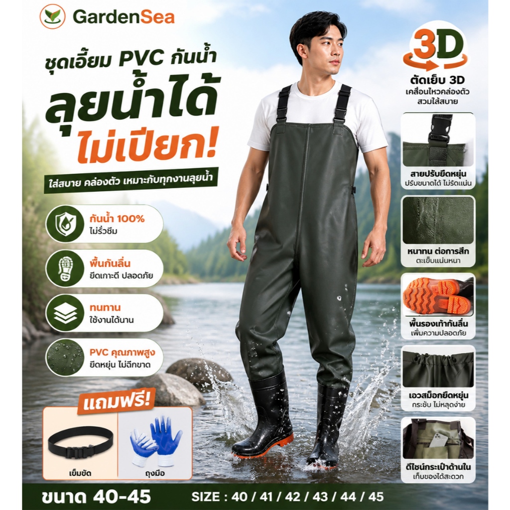 【COD】ชุดกันน้ำ,ชุดเอี๊ยมกันน้ำ กันน้ำแบบหนาพิเศษทนสกปรกกางเกงบูทกันน้ำ เหมาะกับทำสวนทำไร่ลงทะเล waterproof pants PVC