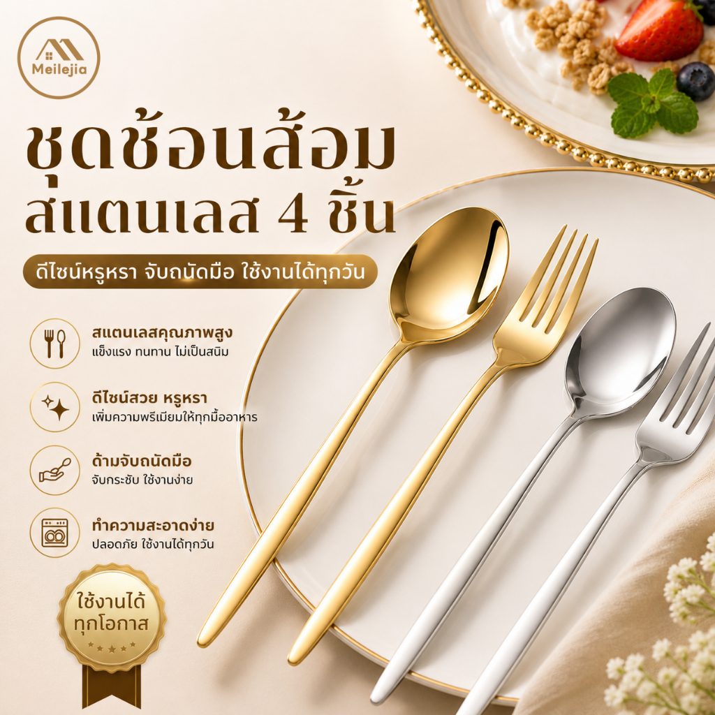 ชุดช้อนส้อมสแตนเลส 2 ชิ้น สีทอง/เงิน ดีไซน์หรู จับถนัดมือ ทนทาน ใช้งานได้ทุกวัน ช้อนส้อมสไตล์มินิมอล