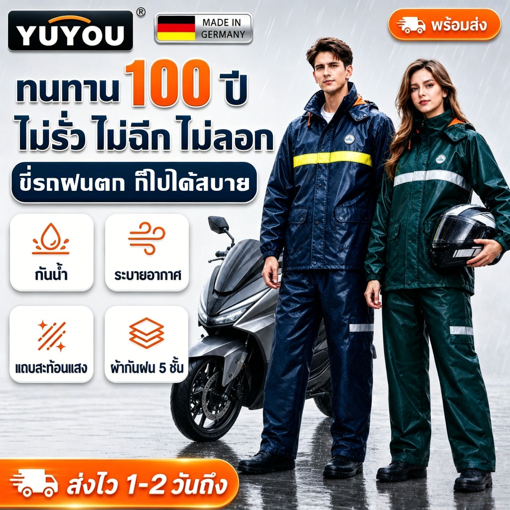 【กันน้ำเกรดพายุฝน】ชุดกันฝน ชุดกันฝนแบบหนา มีแถบสะท้อนแสง เสื้อกันฝน ยูนิเซ็กซ์เสื้อกันฝนมอเตอร์ไซค์  เสื้อกันฝนแบบพกพาผู