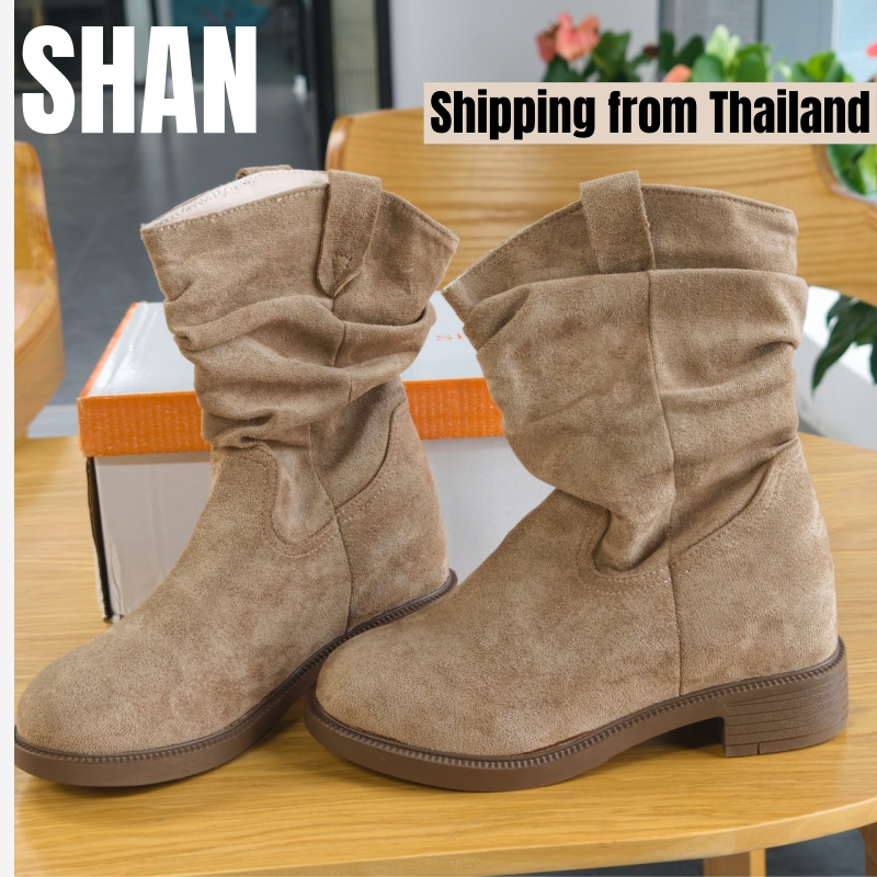 🚚จัดส่งจากประเทศไทย-รองเท้าบูทลำลองสำหรับผู้หญิง รองเท้าบูทหุ้มข้อหัวแหลมสำหรับฤดูใบไม้ร่วงและฤดูหนาว รองเท้าบูทสั้นส้นห