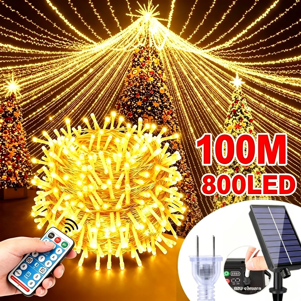 ไฟกระพริบ ไฟ led 800 ดวง 100 ม สายไฟหิ่งห้อย พลังงานแสงอาทิตย์  ไฟตกแต่งห้อง ไฟแต่งสวน กันน้ําใช้พลังงานจากแบตเตอรี่