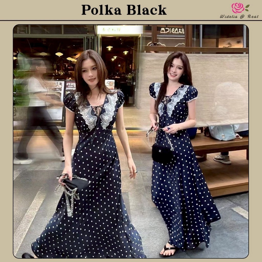 Widelia สีดำ Polka Black Dress  เดรสยาวตัวสวยทรงดี ตัวเดรสมาในผ้าเนื้อสวยพิมพ์ลาย Polka Dot เนื้อผ้าสวยพริ้ว