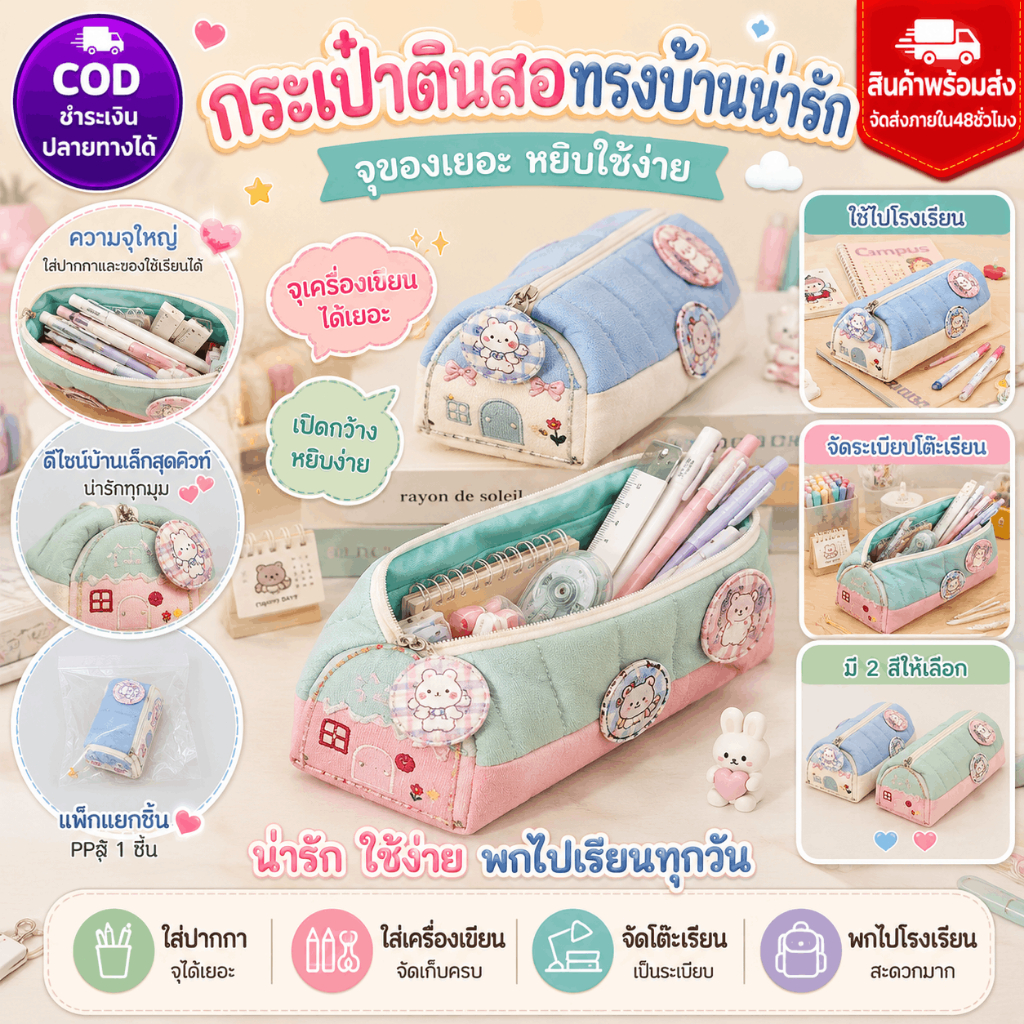 🎒กระเป๋าเก็บเครื่องเขียนเย็บปักถักร้อยนักเรียนจุของเยอะ! ปากถุงกว้างหยิบง่าย💖ลายน่ารัก2ด้าน⚡จัดส่งด่ว(สีฟ้า-ขาว/ชมพู-เขี