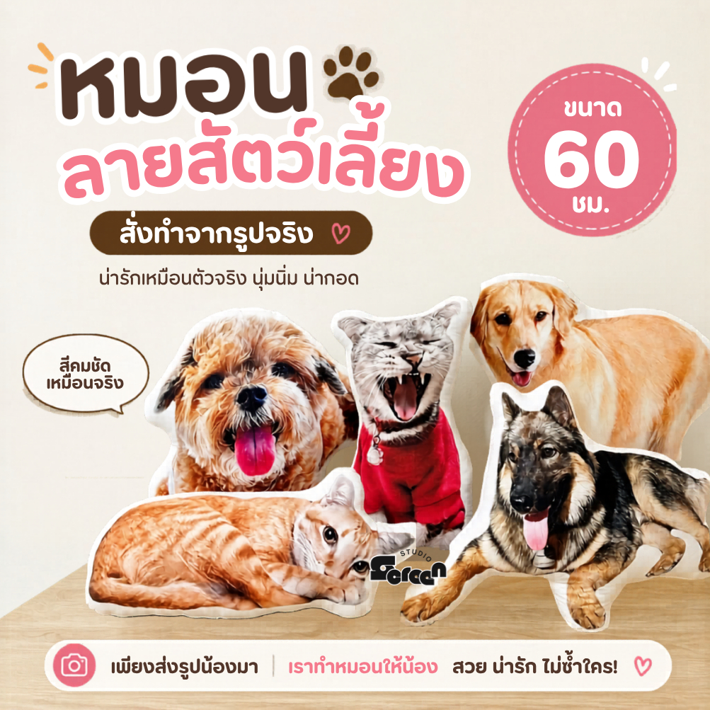 หมอนสัตว์เลี้ยงพิมพ์ลายตามสั่ง ขนาด 60 cm แทนความคิดถึง หมอนไดคัทสกรีน ส่งรูปมาทำเป็นหมอนของตัวเองได้เลย