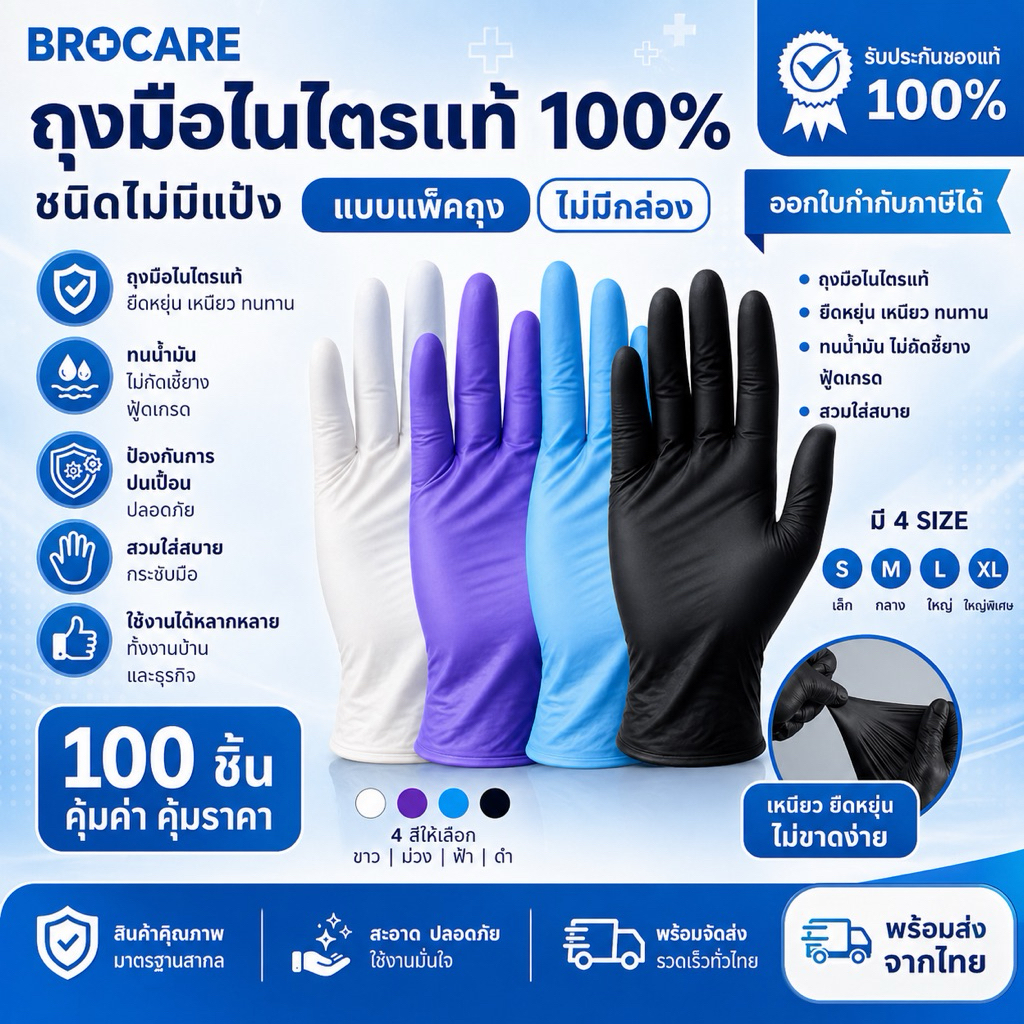 ถุงมือยางไนไตร  ถุงมือทำอาหาร เก็บขี้ยาง  เกรดเอ ม่วง ดำ ฟ้า (งานแพค)