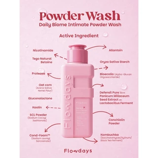 Flowdays Powder Wash ผลิตภัณฑ์ดูแลจุดซ่อนเร้นแบบผง ฟองนุ่มละเอียด สูตรอ่อนโยน ไม่มีน้ำหอม