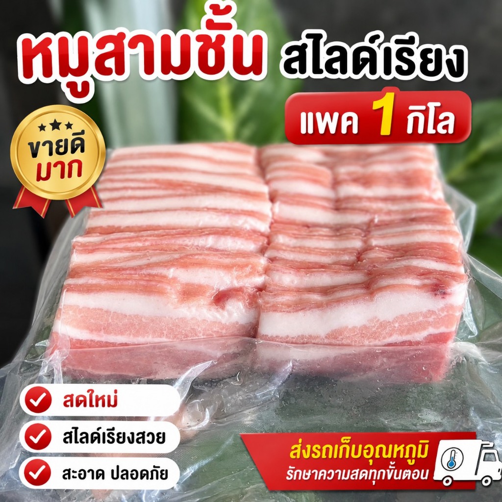หมู สามชั้นสไลด์เรียง🐷 แพค 1 กิโล🐷 ปิ้งย่าง หมูกระทะ ชาบู หมูสวยๆ สินค้าขายดี