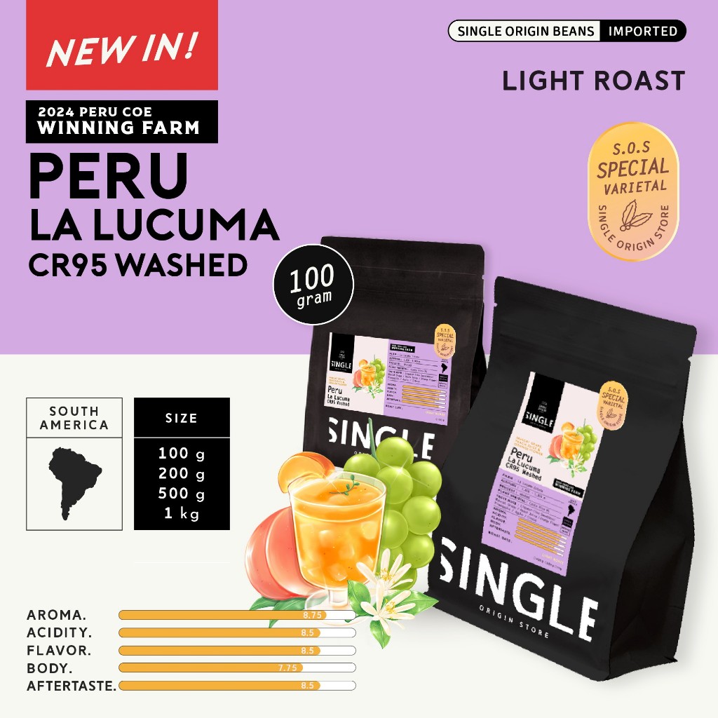 เมล็ดกาแฟคั่วอ่อน Peru La Lucuma CR95 Washed COE 2024 Rank#15 Winning Farm