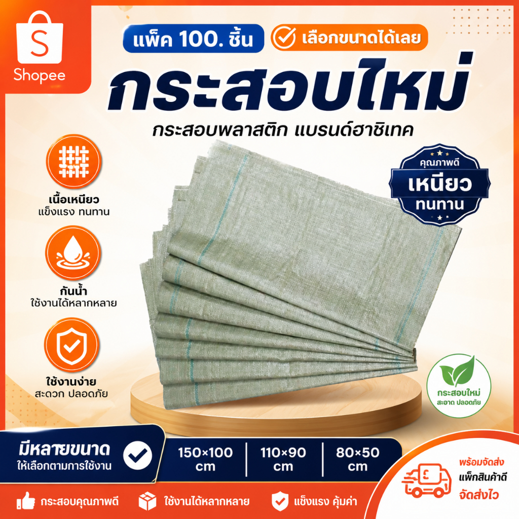 แพ็ค 100 ชิ้น🚚พร้อมส่ง กระสอบใหม่ ขนาด 150×100/110X90/80X50 cm ถุงขนาดใหญ่ แบรนด์ฮาชิเทค
