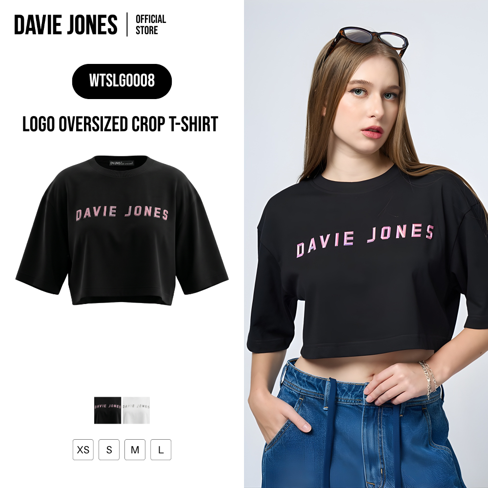 DAVIE JONES WOMEN [BE FEARLESS] เสื้อยืดผู้หญิง Logo Oversized Crop T-Shirt สีดำ ขาว LG0008