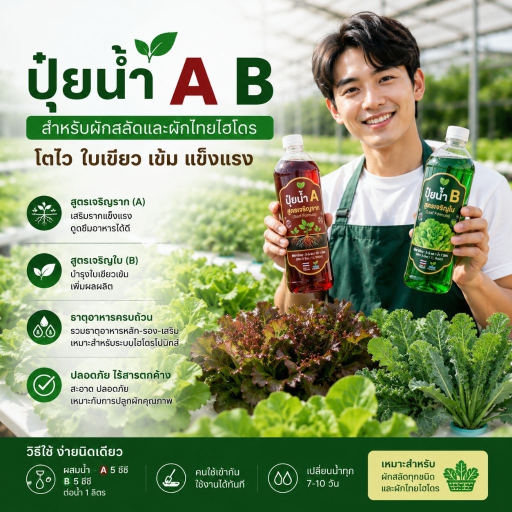 ปุ๋ยไฮโดรโปนิกส์ ปุ๋ย AB ปุ๋ยน้ำ มีหลายขนาด สูตรเพิ่มธาตุเหล็ก สำหรับปลูก ผักสลัด ผักไทย ผักจีน (ไม่ต้องปรับ PH )