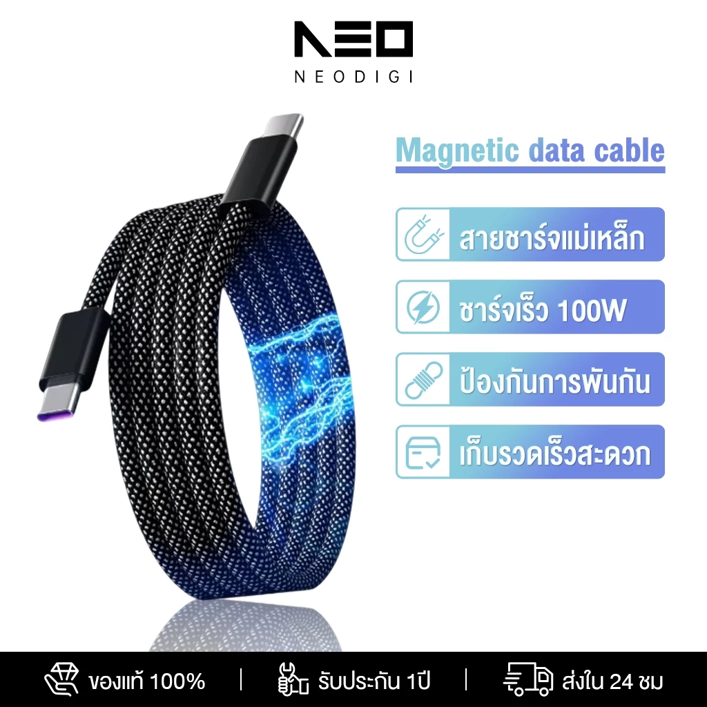 NEODIGI PD 27W 100W สายเคเบิลข้อมูลแม่เหล็ก Type C สายชาร์จแม่เหล็ก เก็บเองอัตโนมัติ แม่เหล็กอัตโนมัติ 480Mbps Max