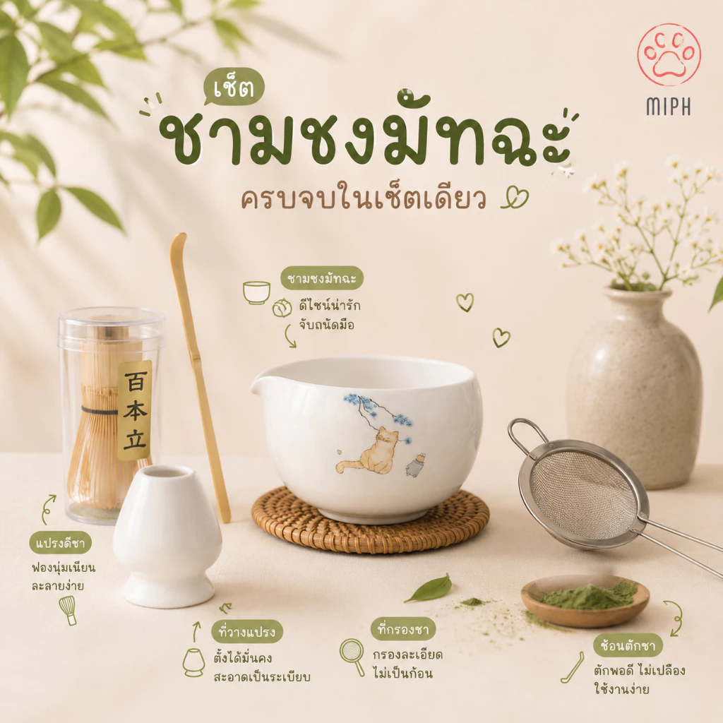 MIPH ชุดชงมัทฉะญี่ปุ่น เซรามิค 2/5/7 ชิ้น พร้อมแปรงชงชา สำหรับ Matcha Lover