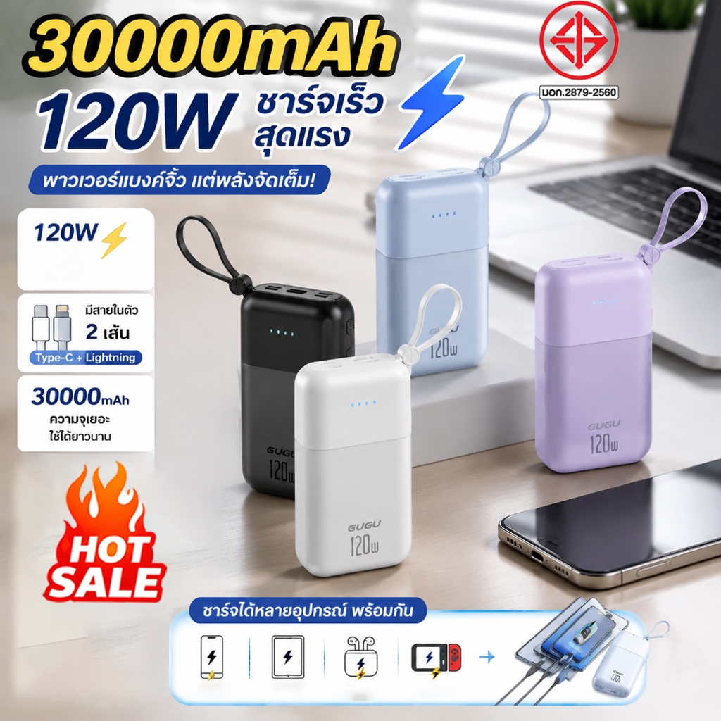 【CCC & มอก】Powerbank 30000mAh แบตสำรอง ชาร์จเร็วPD120W พกพาสะดวก ใช้งานง่าย USB/Type-C  แท้100%