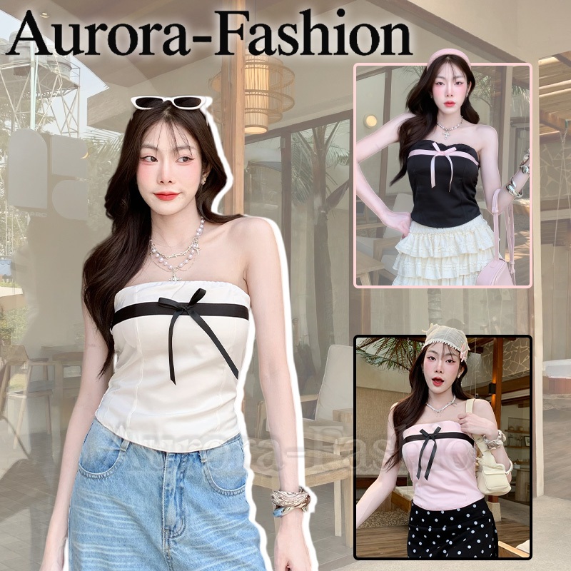 Aurora🛒พร้อมส่ง🚚(รูปถ่ายจากงานจริง) เสื้อเกาะอกตกแต่งโบว์ นุ่มสวมใส่ มีฟองน้ำในตัว ไม่ต้องใส่เสื้อชั้นใน สไตล์หวานน่ารัก