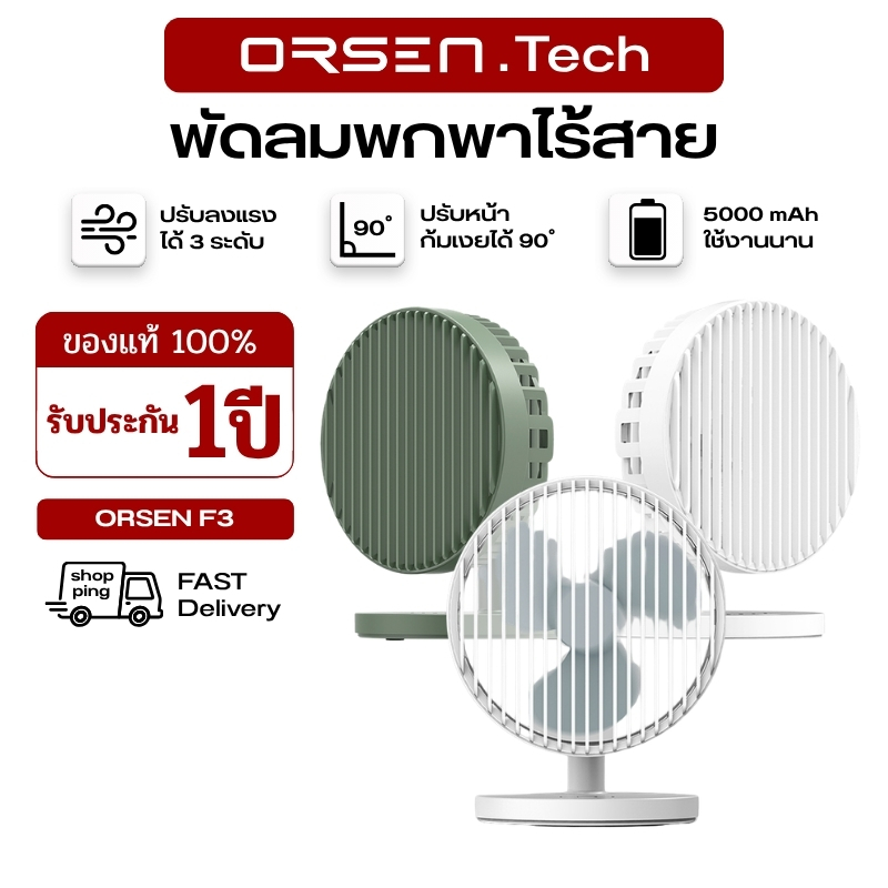 พัดลม ORSEN Eloop F3 พัดลมมินิ 7นิ้ว ปรับลม3ระดับ เสียงเบา ไม่รบกวน น้ำหนักเบา พกพาสะดวก
