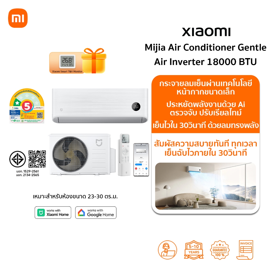 🆕 Xiaomi Mijia แอร์ Air Conditioner GentleAir EGAT ขนาด 18000 BTU ประหยัดไฟเบอร์ 5 ระดับ 1 ดาว โหมด 