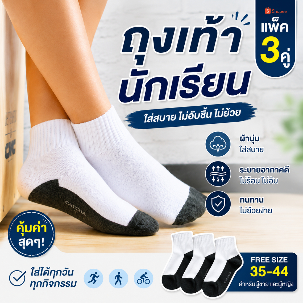 (แพ็ค3คู่) 49บาท!! ถุงเท้านักเรียน ผ้าเนื้อดี หนานุ่ม ถุงเท้าพื้นดำ ถุงเท้าผ้า Cotton100%