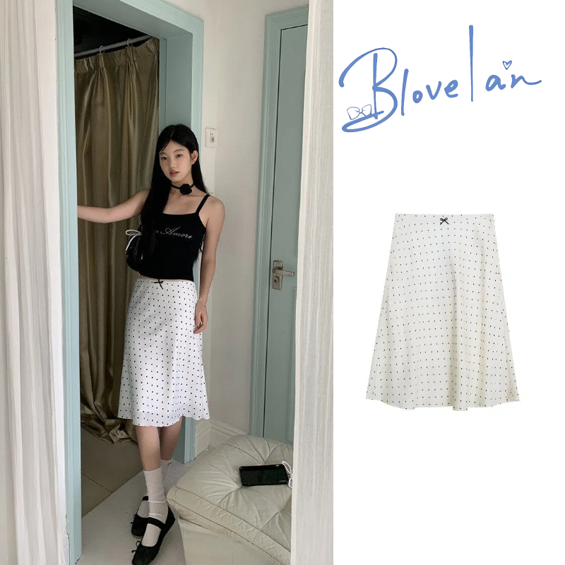 Midi skirts Polka dots skirt กระโปรงครึ่งเน็ตสไตล์เกาหลี เอวสูงยืดหยุ่น ทรงเข้ารูป เว้าเอว งานรัดรูป สไตล์วินเทจ skirt